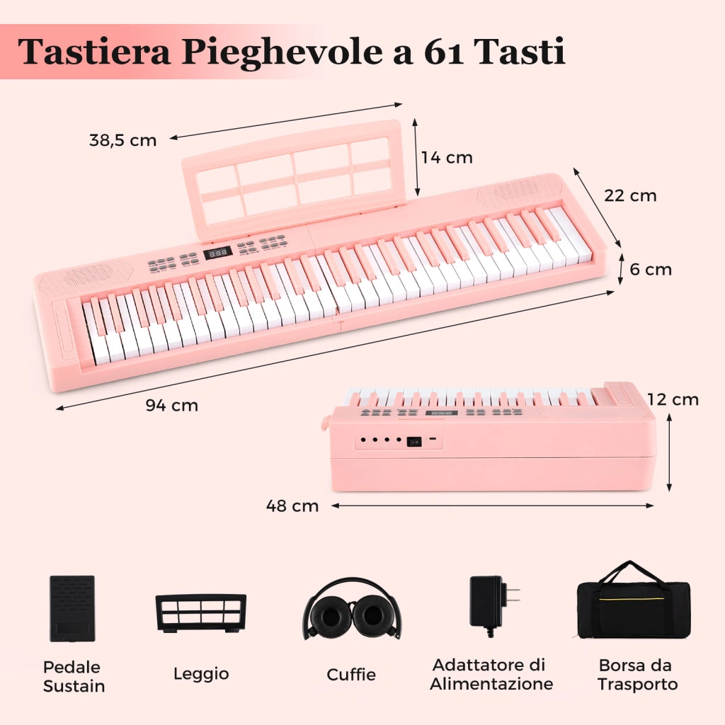 Tastiera pianoforte pieghevole 61 tasti midi cuffie pedale sustain-Tastiera elettronica portatile principianti Rosa