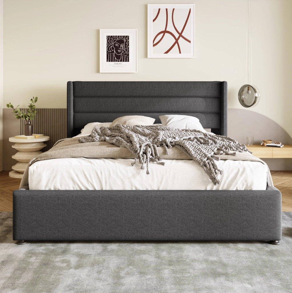 Letto matrimoniale imbottito con contenitore 160x200 cm in lino grigio; con meccanismo idraulico