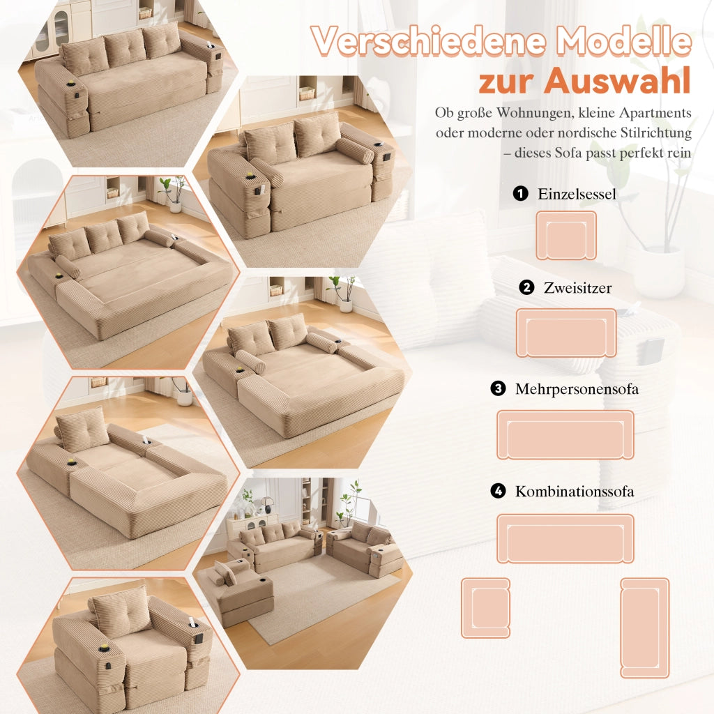 Divano convertibile modulare con cuscini in memory foam, tasche laterali e portabicchieri, in tessuto a coste khaki
