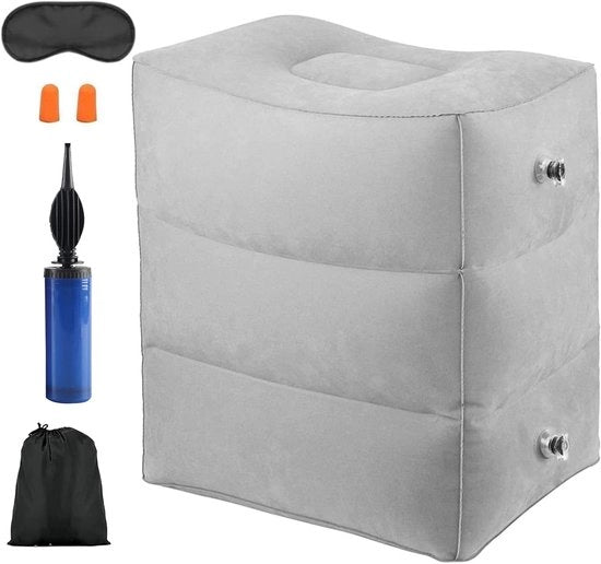 Supporto per piedi gonfiabile per viaggi - Supporto per piedi per aereo con regolazione - Supporto per piedi portatile con maschera per gli occhi - Piede supporto in grigio
