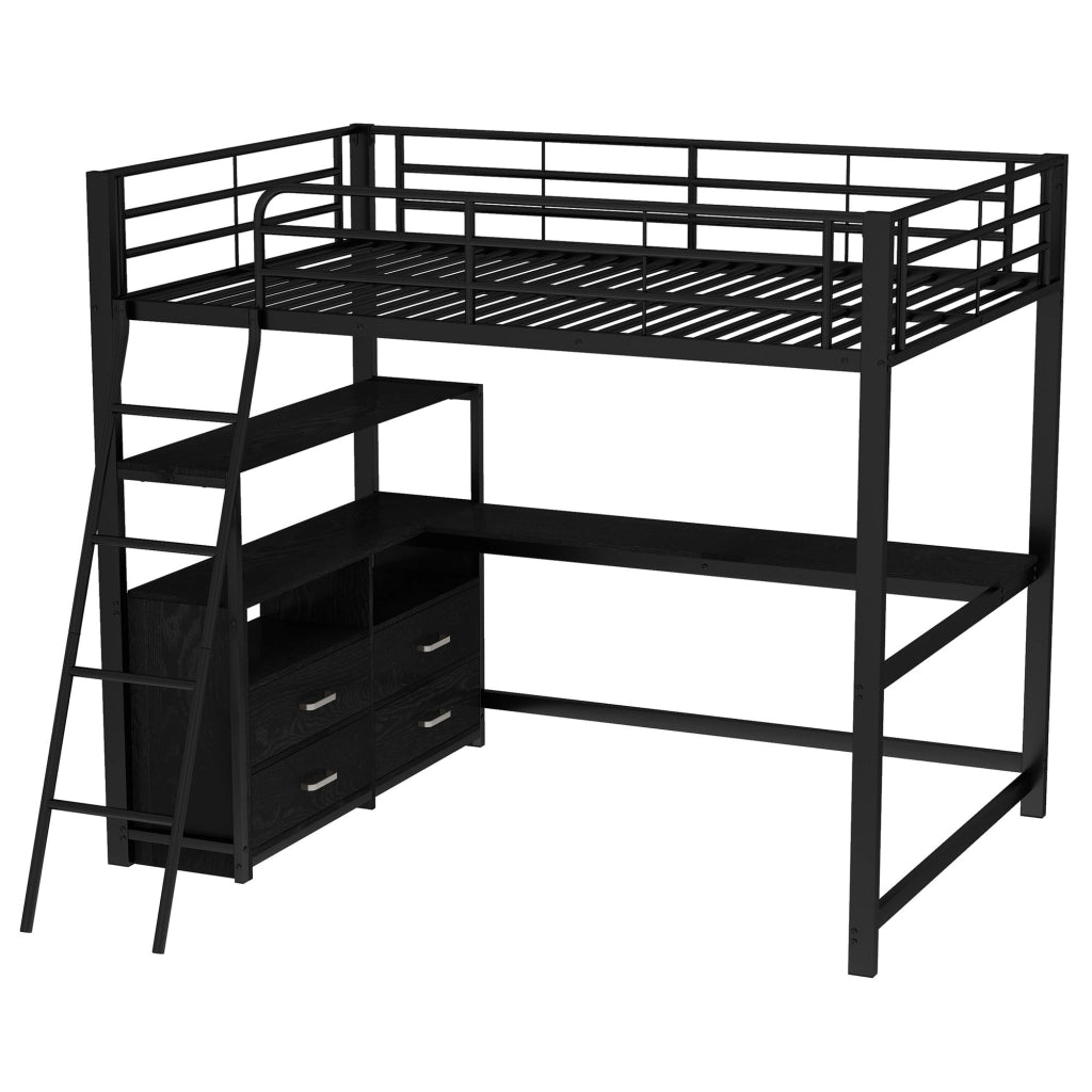 OKWISH Letto a soppalco 140×200 cm, Letto Matrimoniale con Scrivania ad L, 4 Cassetti e Vani, senza Materasso, in Metallo e MDF, Nero