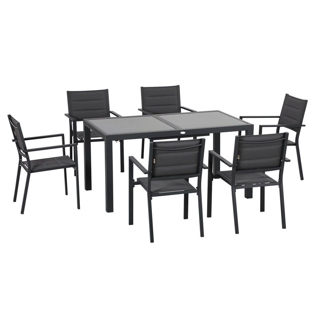 EasyComfort Set da Giardino con Tavolo Allungabile in Vetro e 6 Sedie con Seduta Traspirante, Grigio Scuro
