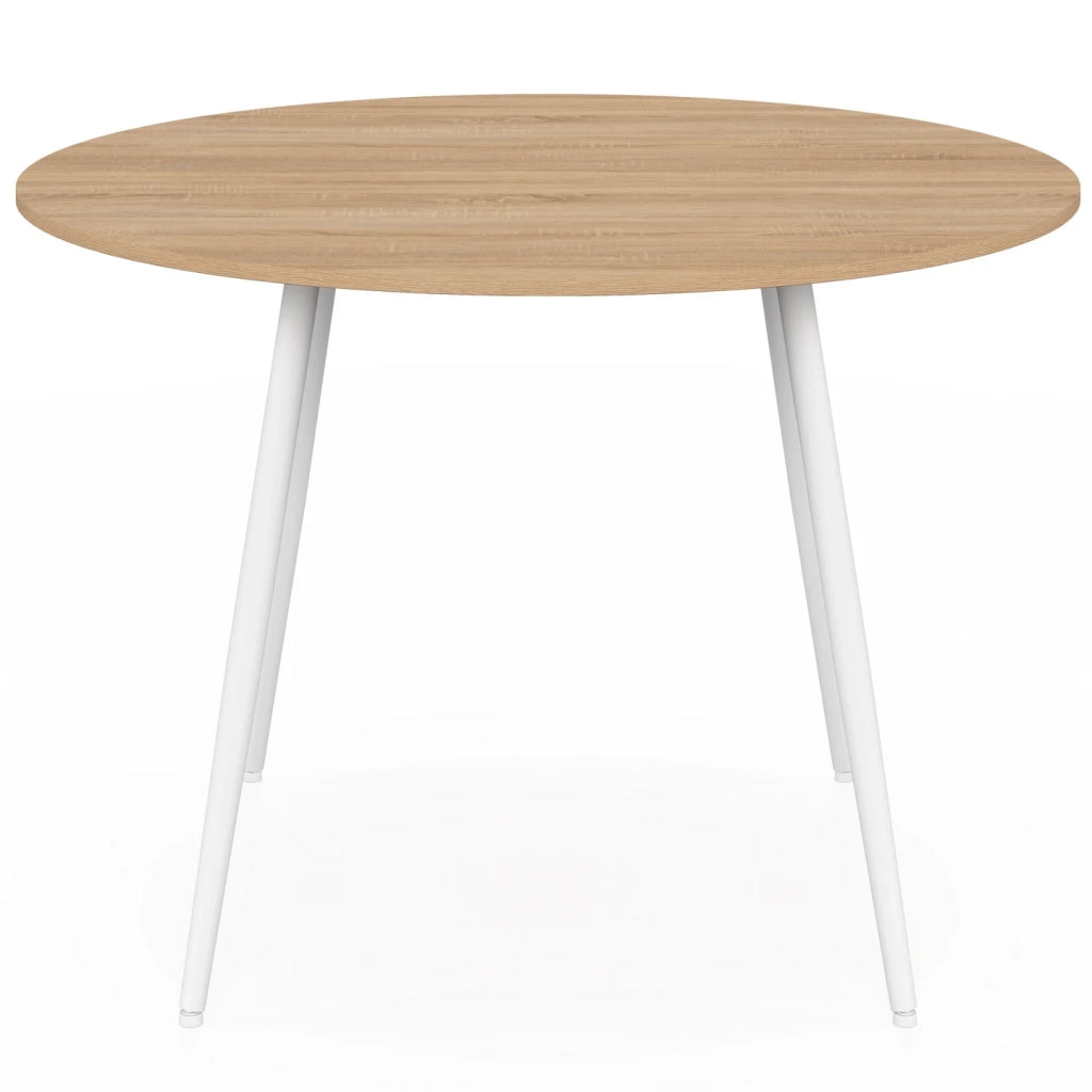 IDMarket - Set composto da tavolo e 4 sedie incastrabili MILENE in metallo bianco, con piano effetto faggio e rivestimento in velluto beige