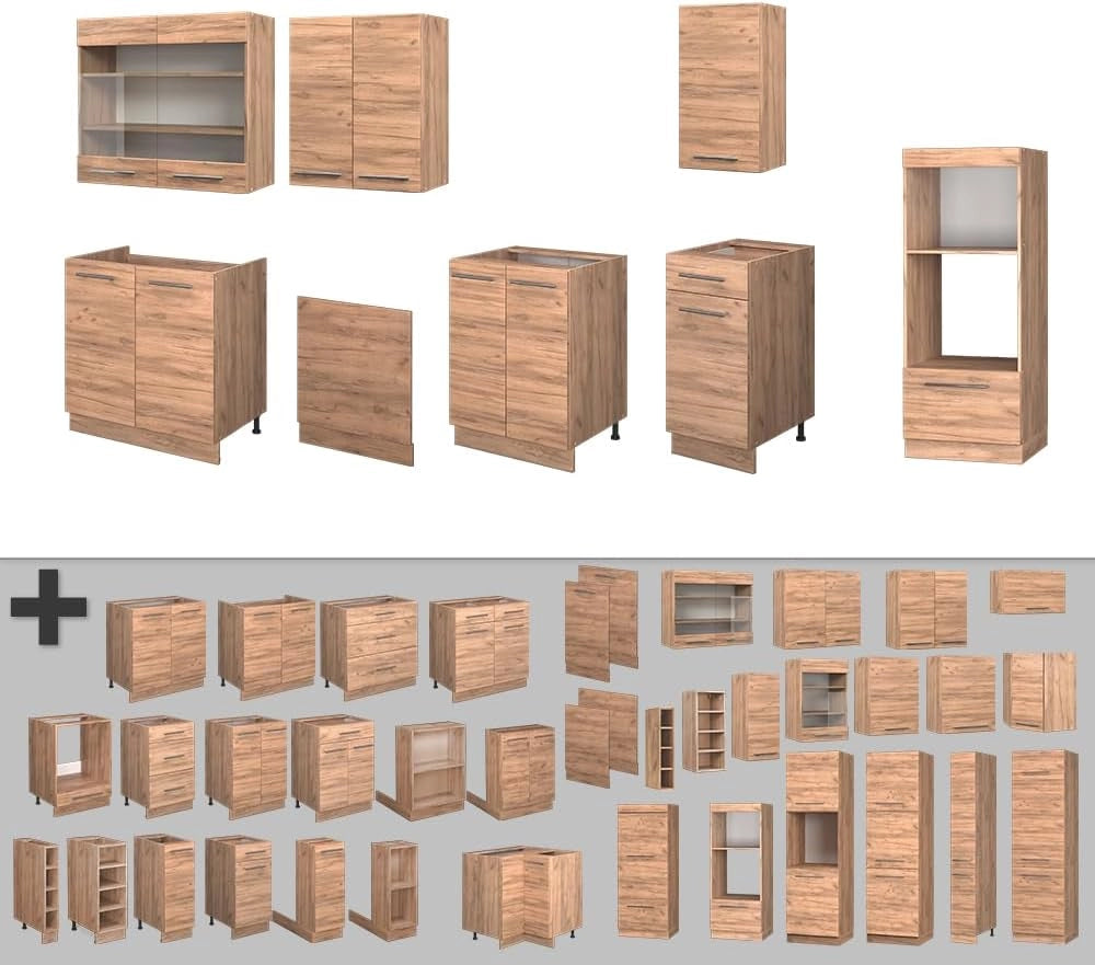 Cucina componibile Fame-Line, Quercia dorata, 300 cm con armadio alto, senza piano di lavoro, per l'espansione personalizzata tramite moduli aggiuntivi compatibili
