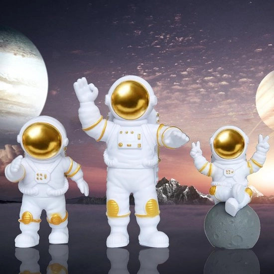 Ornamenti astronauti 3 in 1, figura astronauta in gomma, decorazioni per festa spaziale, PVC ecosostenibile, per decorazione di compleanno e festa (oro)