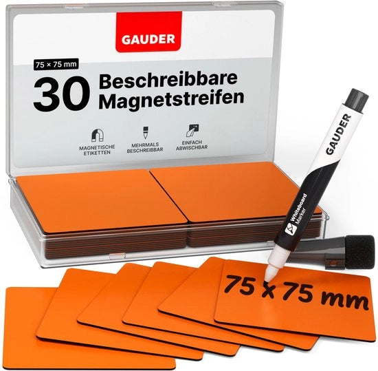 Etichette magnetiche descrittabili - Tavoli magnetici riciclabili per lavagne bianche, lavagne scolastiche, tavoli Kanban e frigoriferi - Carte magnetiche con marker (30 pezzi - 75 x 75 mm)