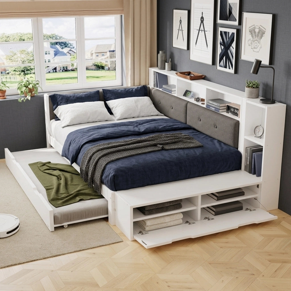 Letto in legno con letto estraibile e scrivania, 120x200+90x190 cm, bianco