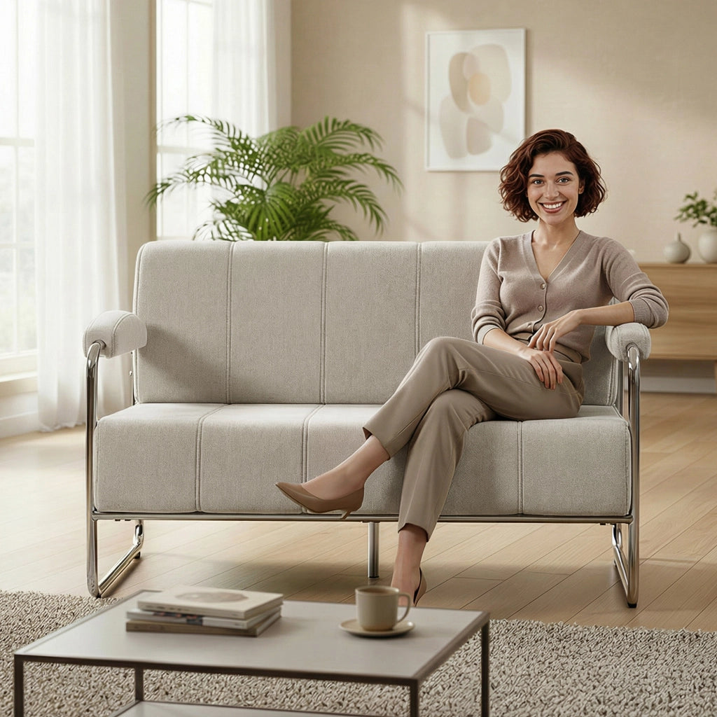Divano 2 Posti Moderno Tessuto Beige ¨C Zephmum ¨C 120x73x76 cm