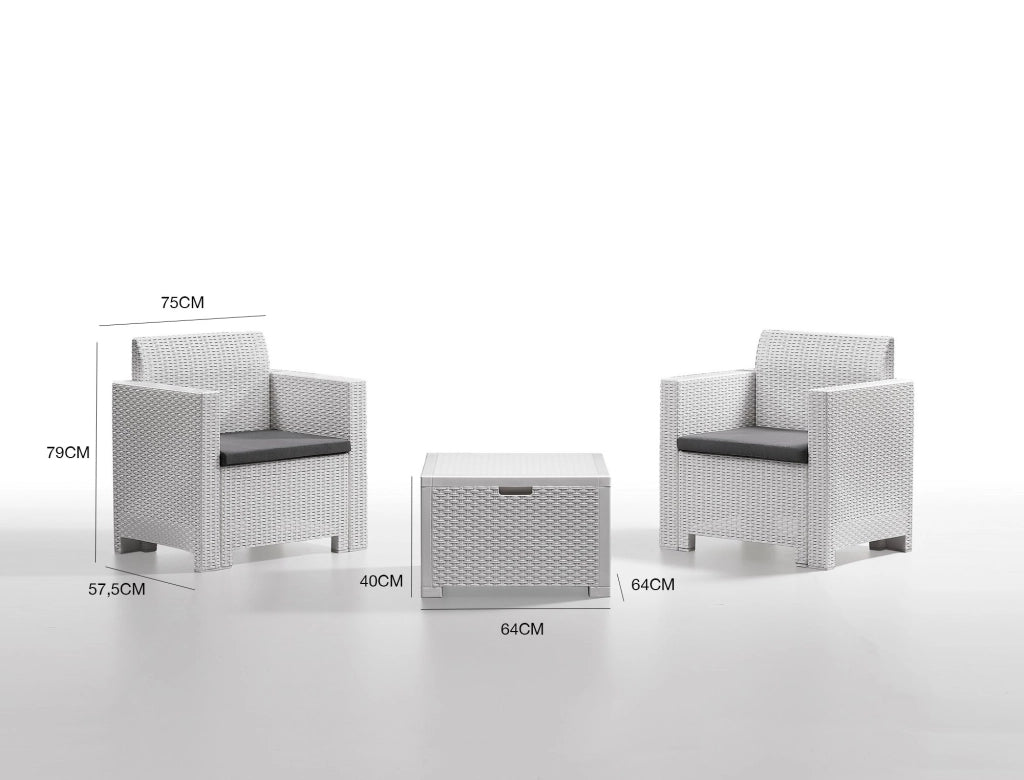 Salottino da esterno Apis, Set da giardino con cuscini, Salottino  effetto rattan, 100% Made in Italy, Bianco