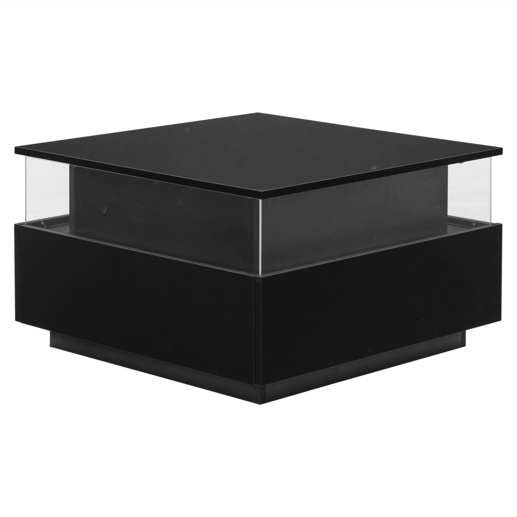 Tavolino basso con 2 cassetti, LED e vano espositivo trasparente per soggiorno, in pannello truciolare, nero, 70 × 70 × 41 cm