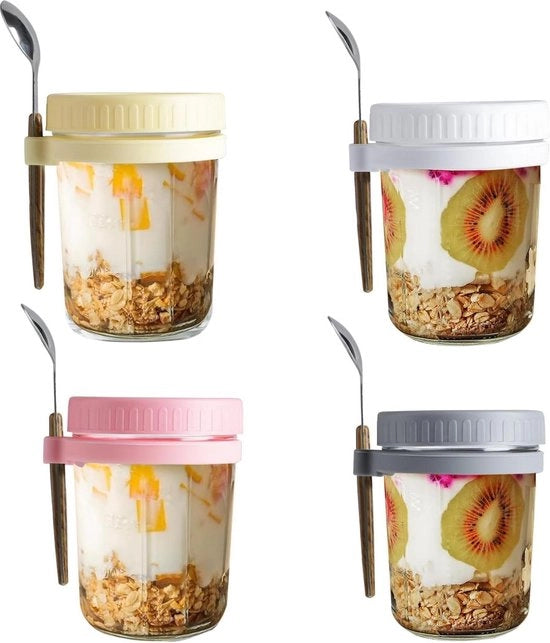 Porta muesli Glazen porta muesli portatile - 4 pezzi - portapappa - coperchio ermetico - per yogurt, pap, cornflakes, muesli - 12 x 87 cm