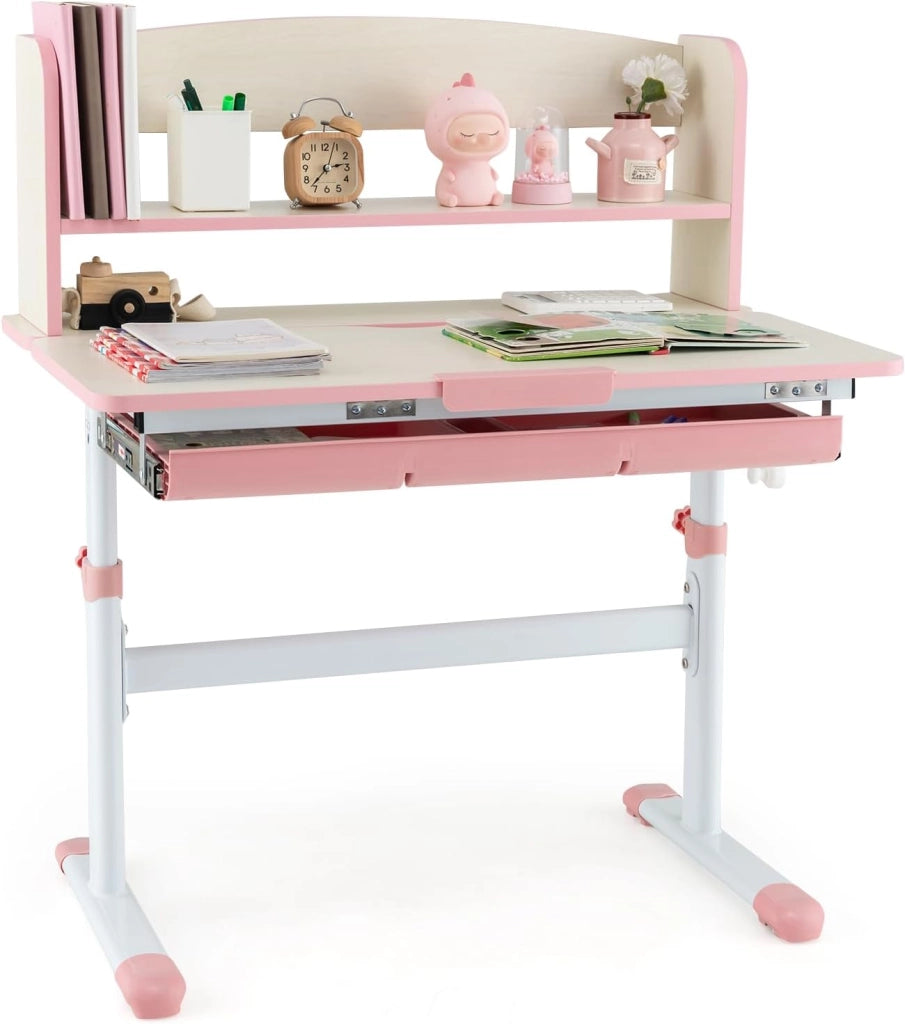 Scrivania per Bambini, Banco Scuola per 3-12 Anni Regolabile in Altezza da 50cm a 73cm con Piano Inclinabile 60°, Scrittoio Cameretta Multifunzionale con Libreria e Cassetto (Rosa)