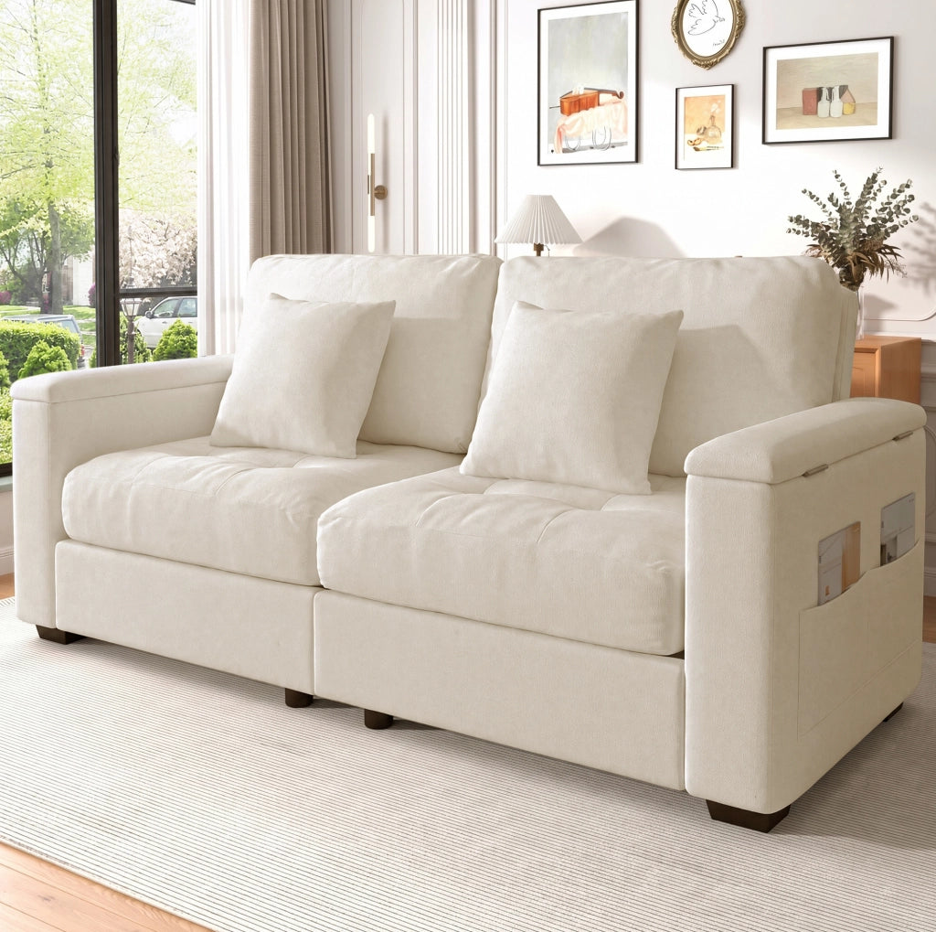 Divano 2 posti beige in ciniglia con contenitore, tasche laterali e 2 cuscini