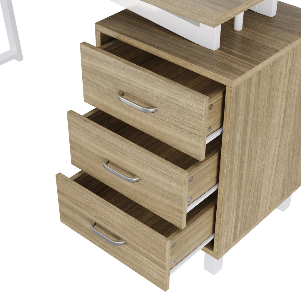 Scrivania lineare con 3 cassetti e ampio piano in MDF con struttura in acciaio bianco per studio naturale 130 × 55 × 75 cm