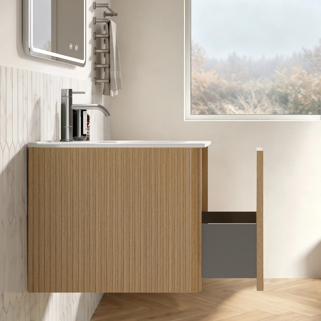 Mobile bagno sospeso con specchio LED regolabile e lavabo integrato in vetro MDF compensato solid surface rovere