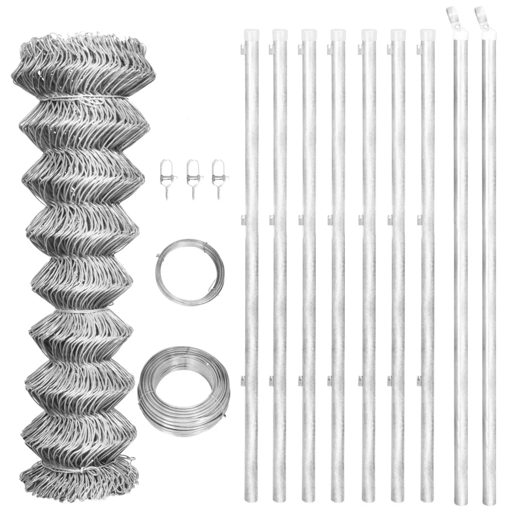 Recinzione in Rete con Pali in Acciaio Zincato 15x1 m Argento
