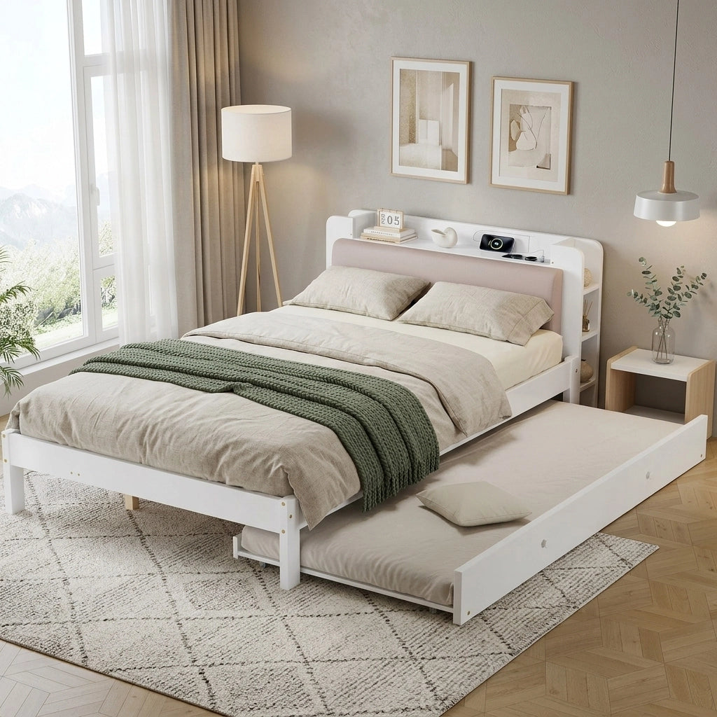 Letto in legno da 120x200 cm, con letto estraibile da 90x190 cm, testiera imbottita, ripiano e prese di ricarica, bianco