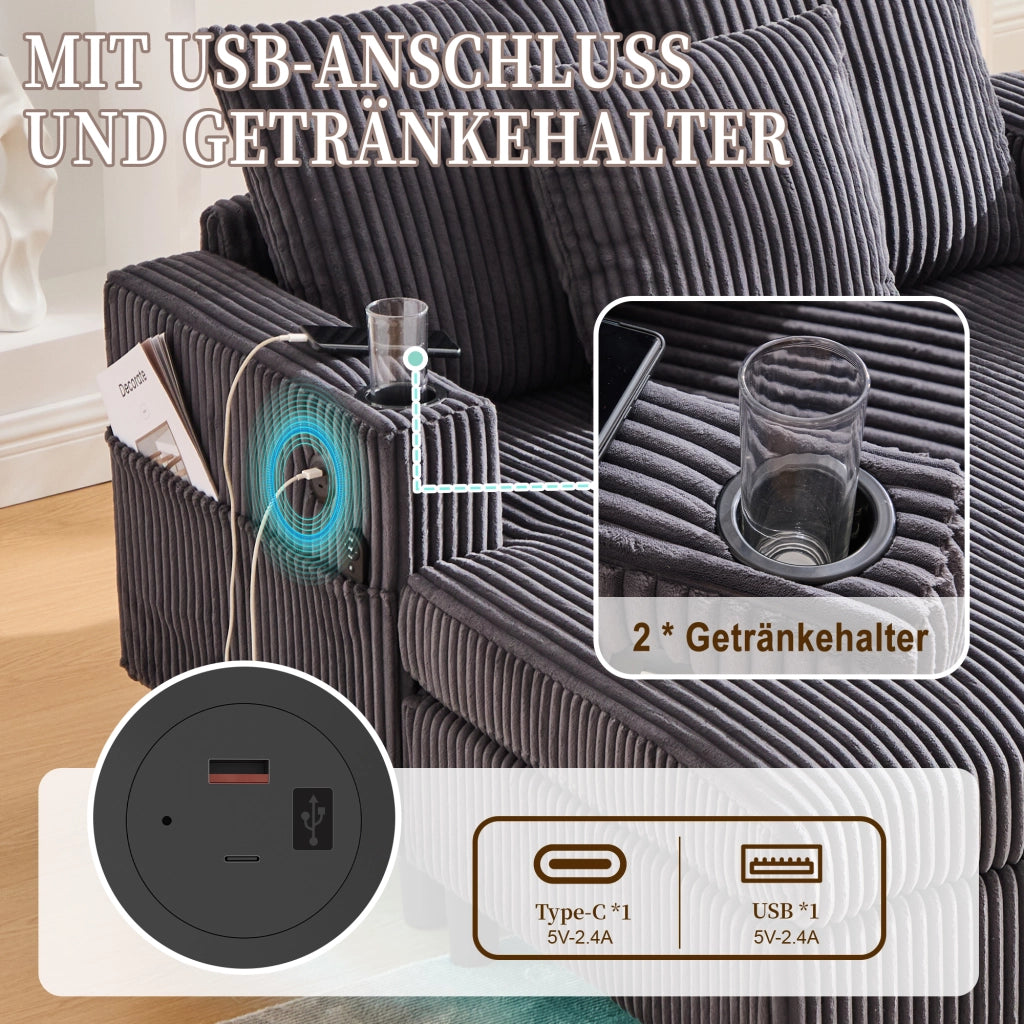 OKWISH Chaise Longue con Seduta Profonda, Illuminazione LED, Porte USB e Portabicchieri, Velluto a Coste Grigio Scuro