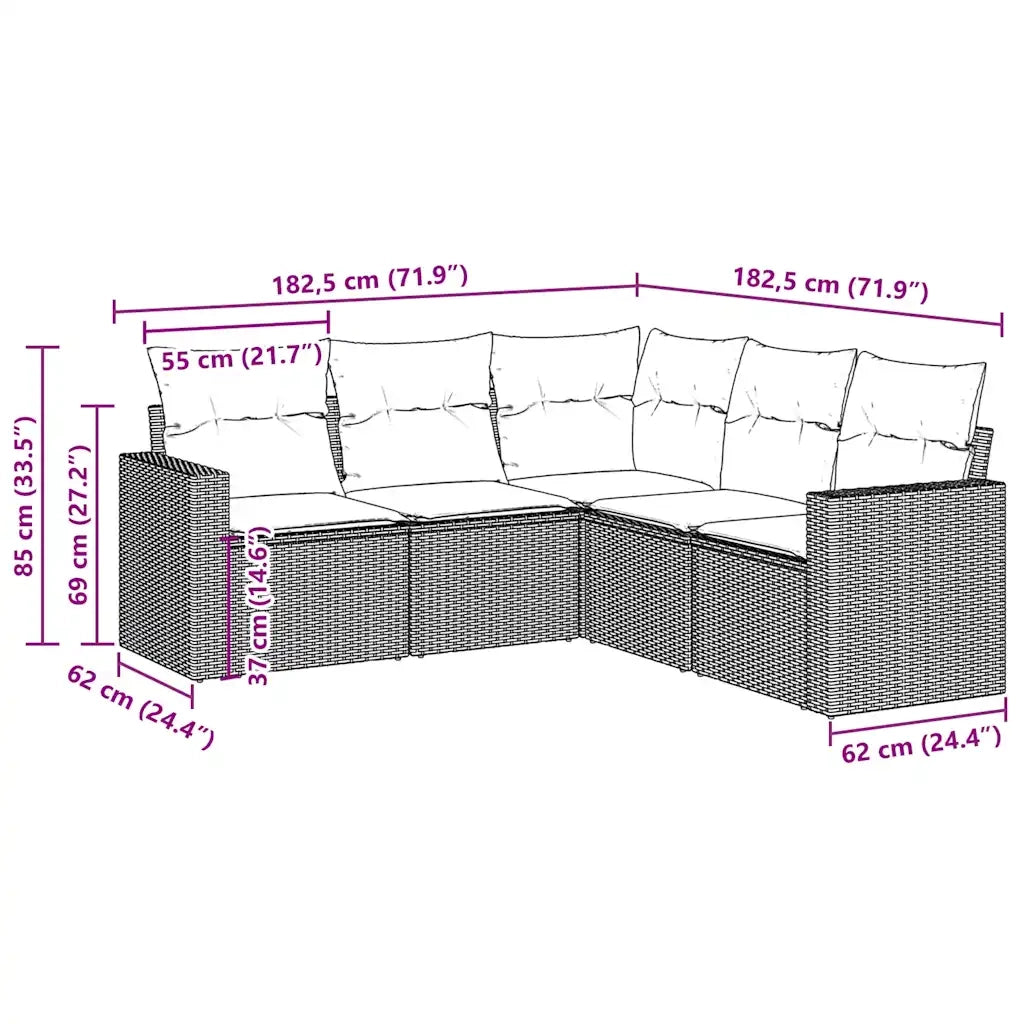 Set Divano da Giardino 5 pz con Cuscini Marrone in Polyrattan