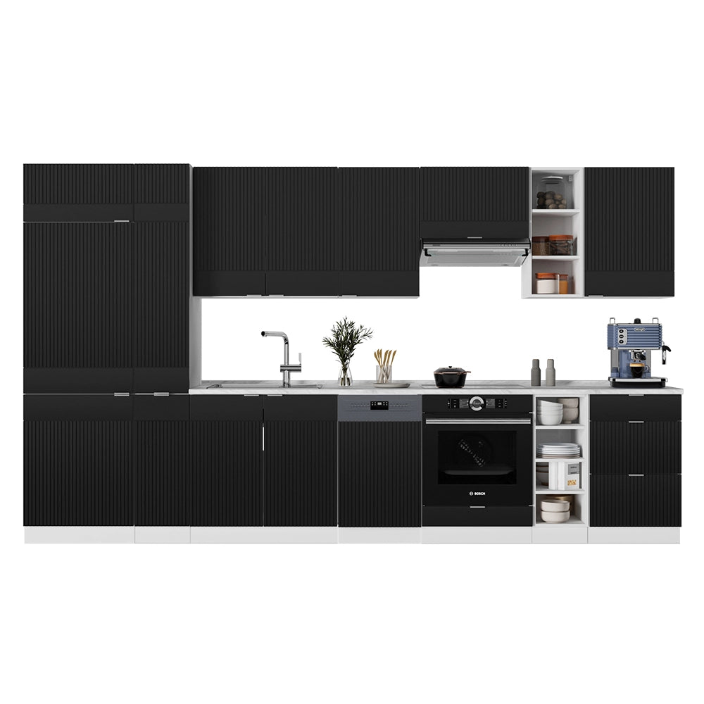Cucina componibile Fame-Line Nero rigato/Bianco 355 cm senza piano di lavoro Vicco