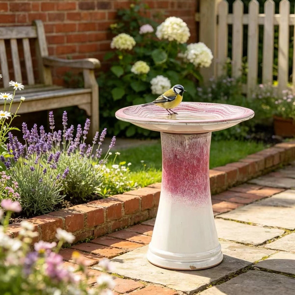 BAGNETTO PER UCCELLI artigianale Ø 43 cm H 45 cm ceramica bianco e rosa