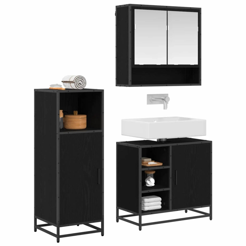 Set di mobili per il bagno 3 pcs Rovere Nero Legno multistrato