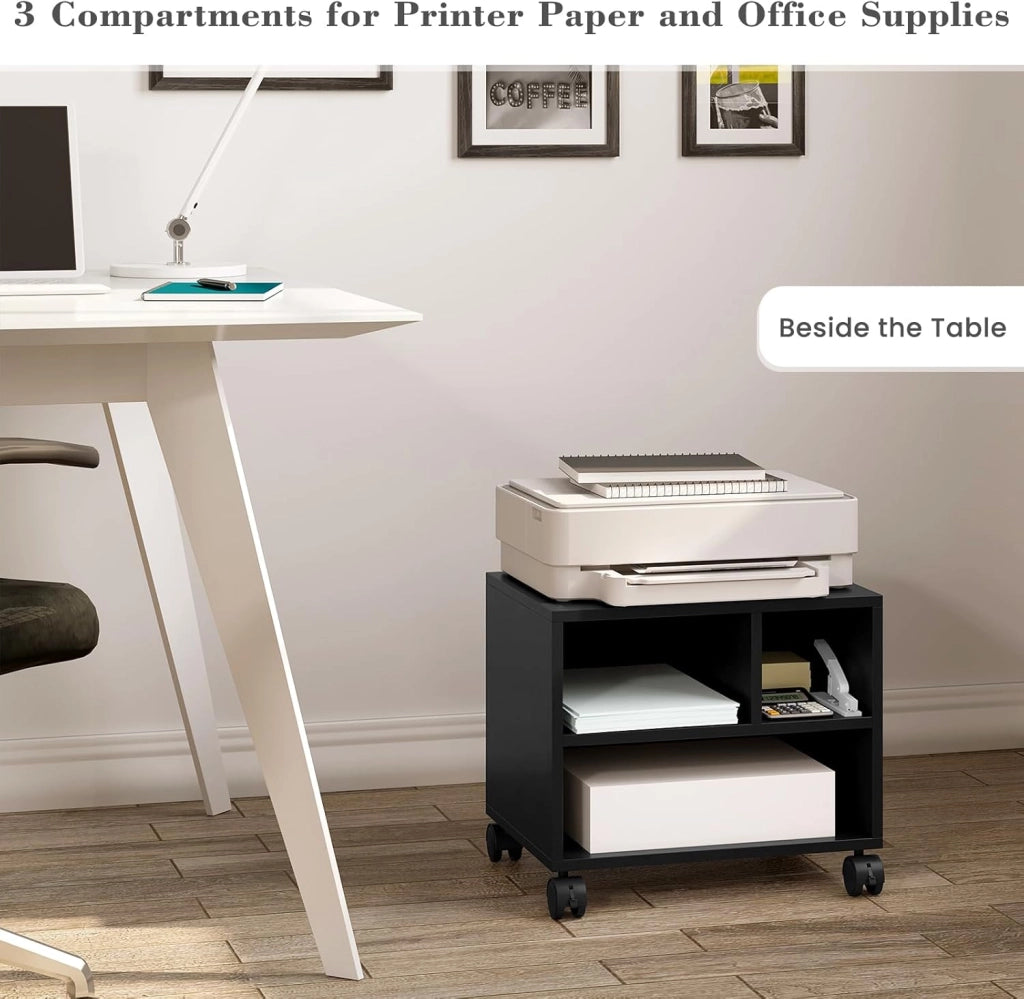 Carrello Porta Stampante con 3 Scomparti Aperti, Mobiletto con Ruote, Supporto per Stampante in Legno, Classificatore per Documenti, Studio, Ufficio, 40x30x35cm, Nero, ASK06sz