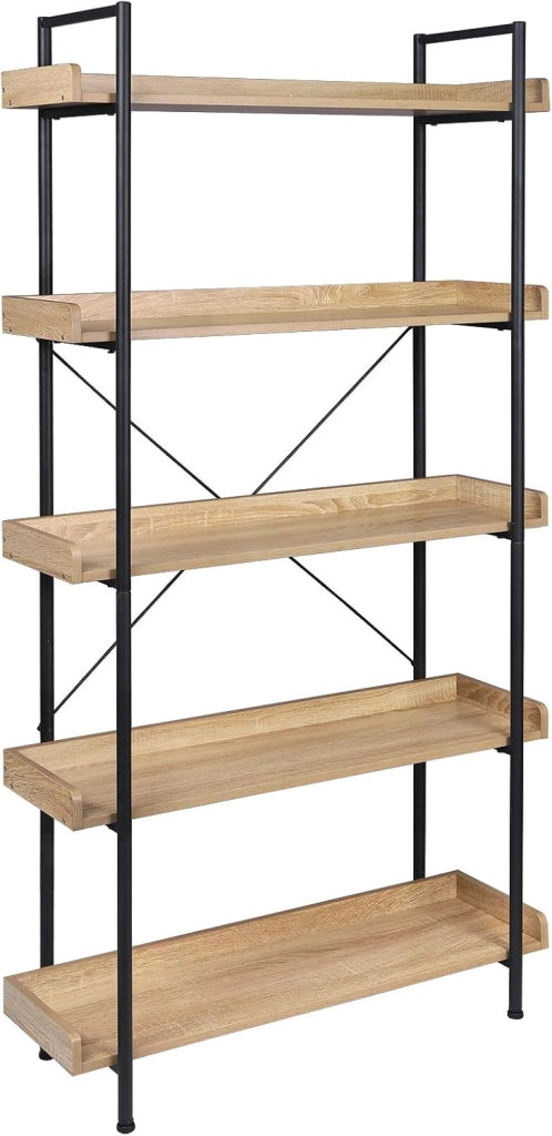 Scaffale per Libri con 5 Ripiani Aperti, Libreria con Struttura in Metallo per Soggiorno/Camera da Letto/Studio, 91x30x173 cm, Rovere Chiaro