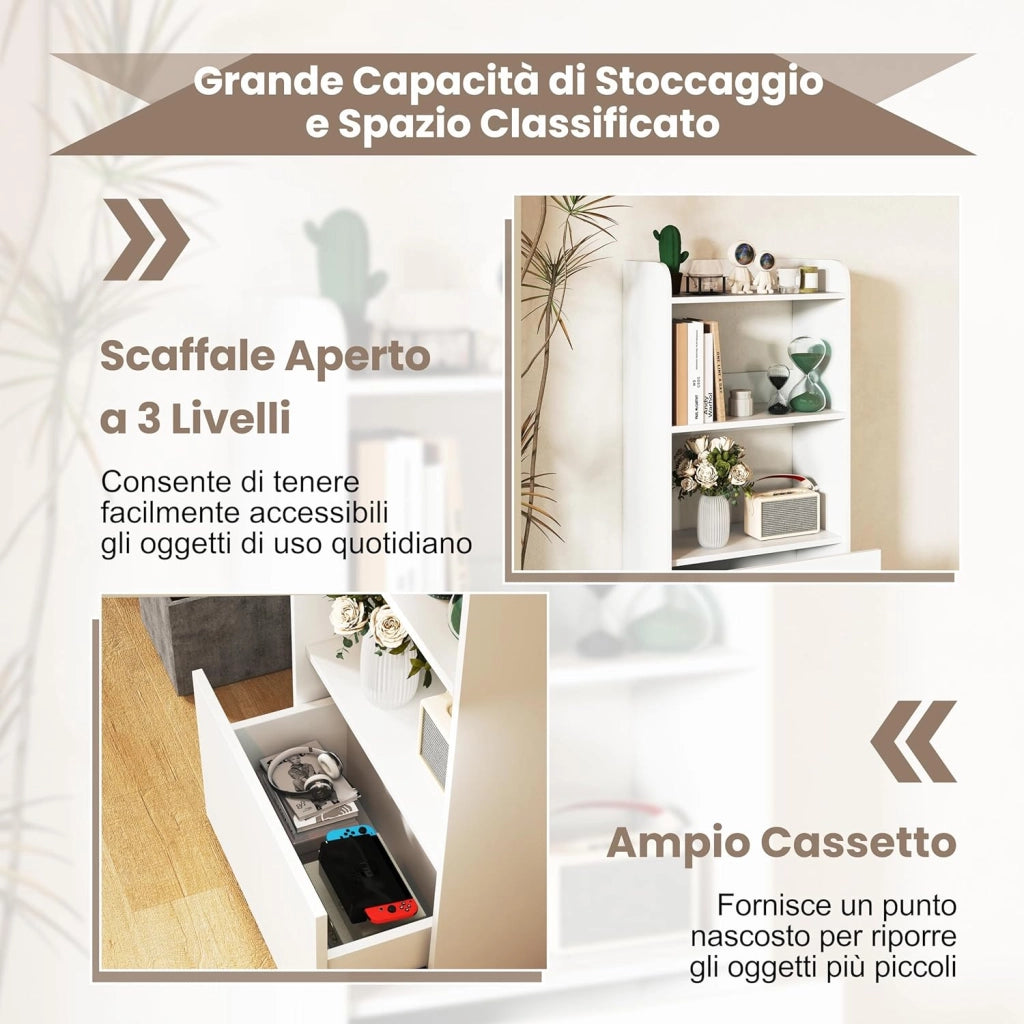 Libreria Aperta a 3 Ripiani, Scaffale Salvaspazio in Legno con Cassetto, Scaffale Portaoggetti Espositivo per Camera da Letto, Soggiorno, Cucina e Ingresso, 55 x 29 x 105 cm (Bianco)