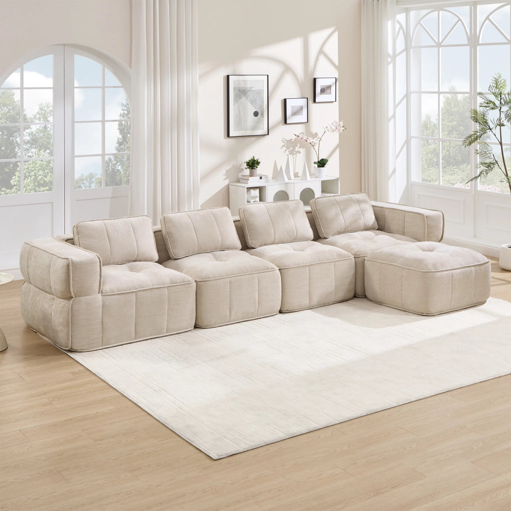 Divano modulare angolare 4 posti - con pouf e seduta profonda - in poliestere beige