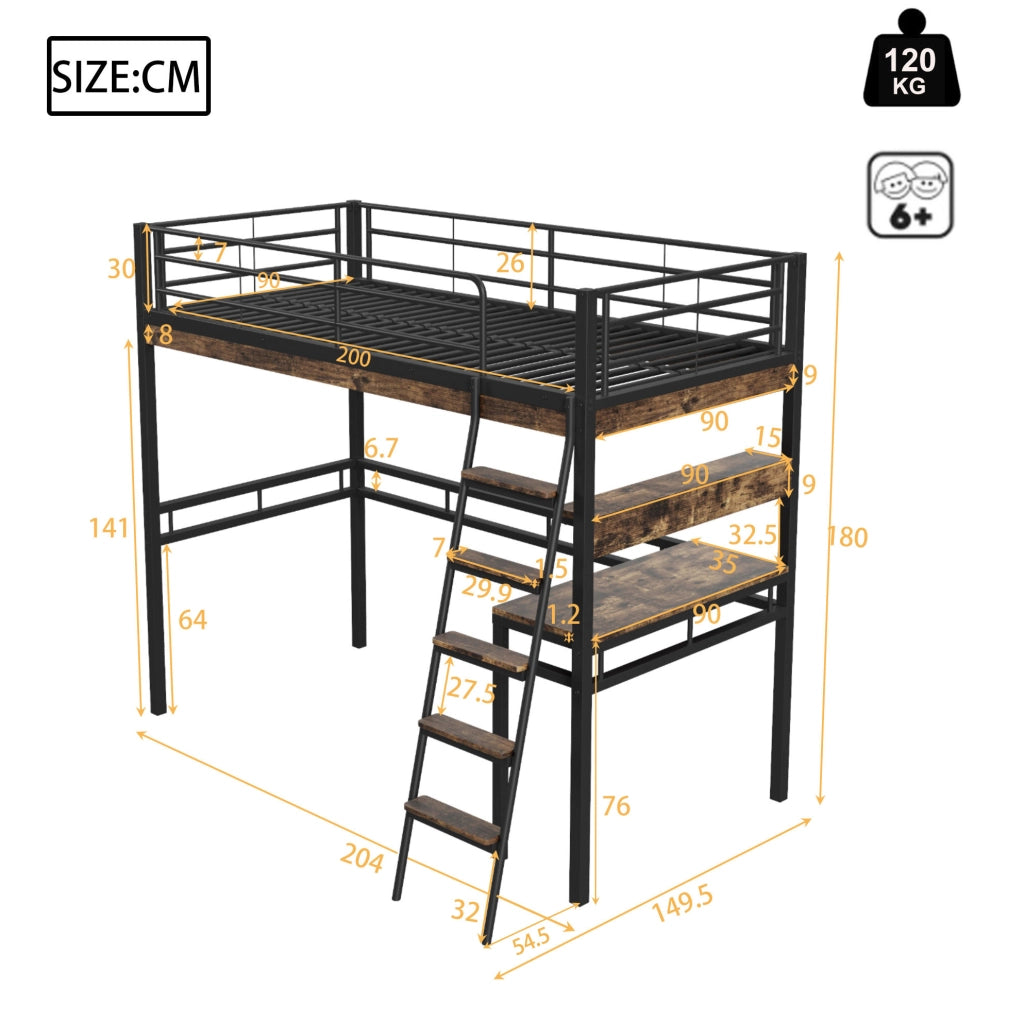 Letto a soppalco 90x200 cm con scrivania e ripiani, nero