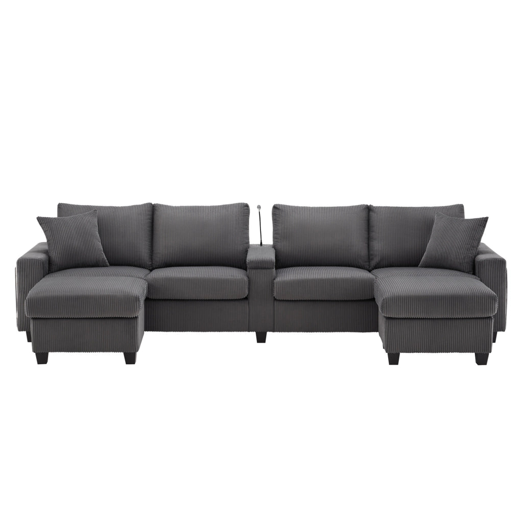 Divano angolare a U in velluto a coste grigio 334x128;5x81 cm con LED; USB e tavolini contenitore