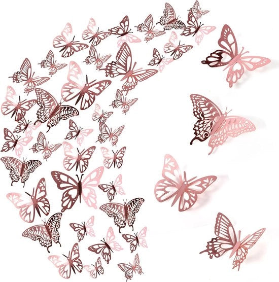 Decorative 3D Farfalle Stickers - 48 pezzi in Roségoud per Decorazione di Parete e Tavolo