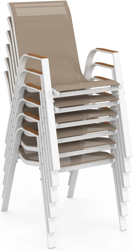 Set di 6 sedie da giardino impilabili NOUMEA in metallo e textilene in bianco e legno