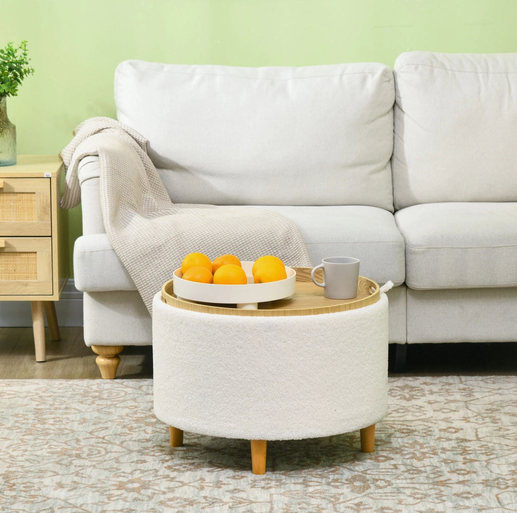 Pouf contenitore rotondo bianco con coperchio ribaltabile, Ø56 cm