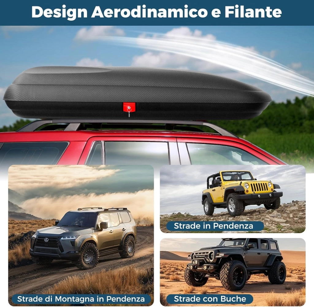 Box da Tetto per Auto XL, Baule Tetto Universale Rigido Impermeabile Super Resistente in Fibra Carbonio e Metallo, Portapacchi per Auto con Chiavi, Capacità 75 kg (201 x 79 x 38 cm)
