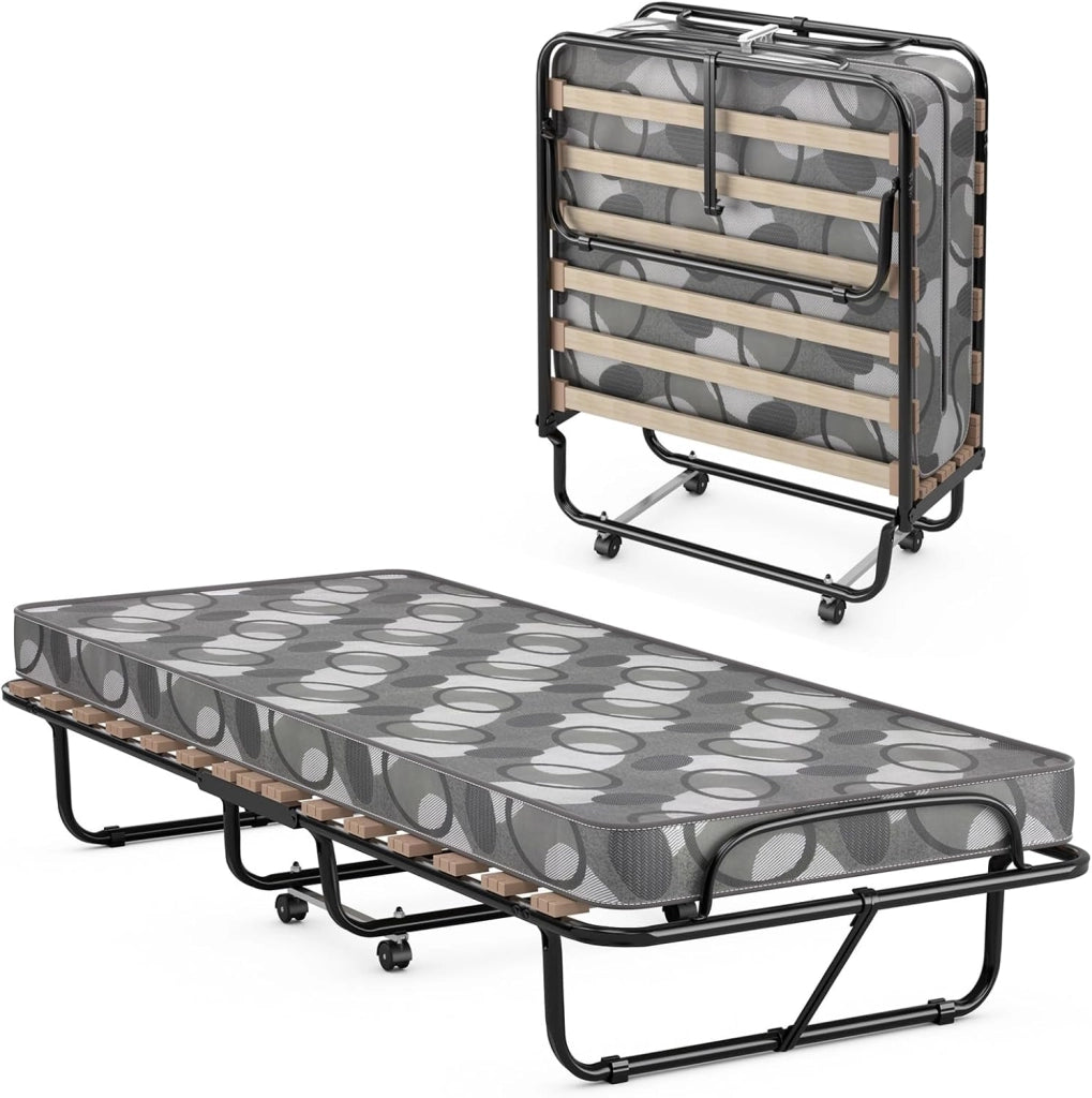 Brandina Pieghevole con Materasso, in Memory Foam, Struttura Resistente e 4 Ruote Girevoli, Lettino Pieghevole per Casa Ufficio, 190x80x38 cm (Grigio)