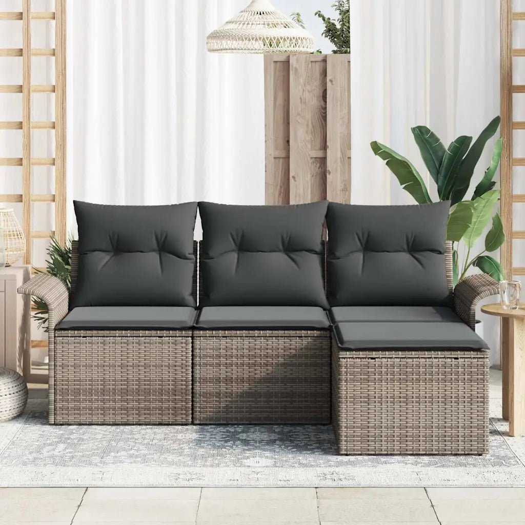 Set Divano da Giardino con cuscino 4 pz | Set Salotto da Giardino Grigio Poly Rattan