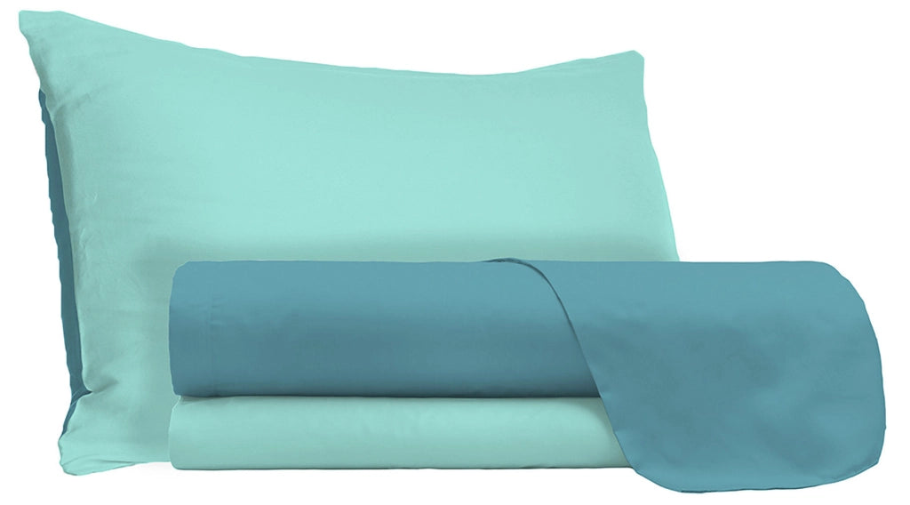 Set Lenzuola Singolo Sopra Sotto e Federe Doubleface Ottanio/Verde Acqua