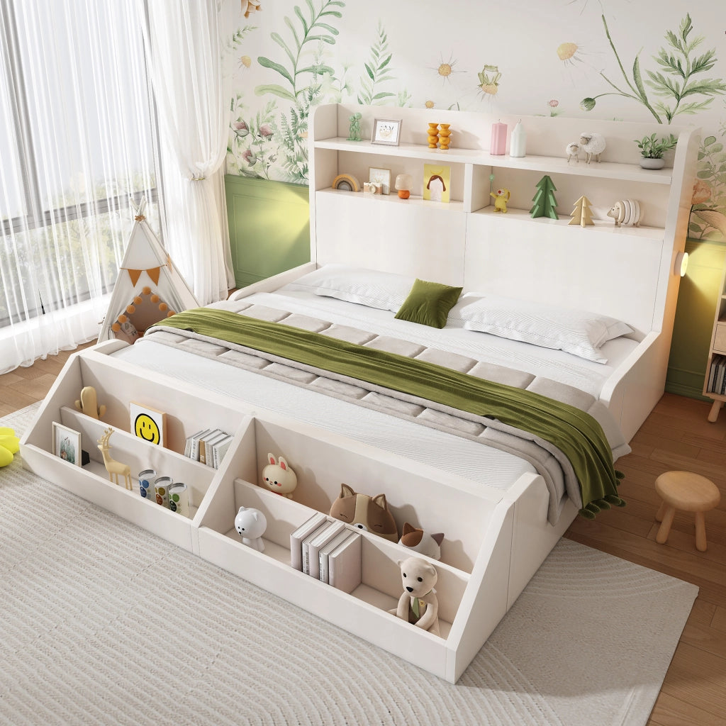 LETTO 140x200 cm Bianco in legno con libreria e luci notturne