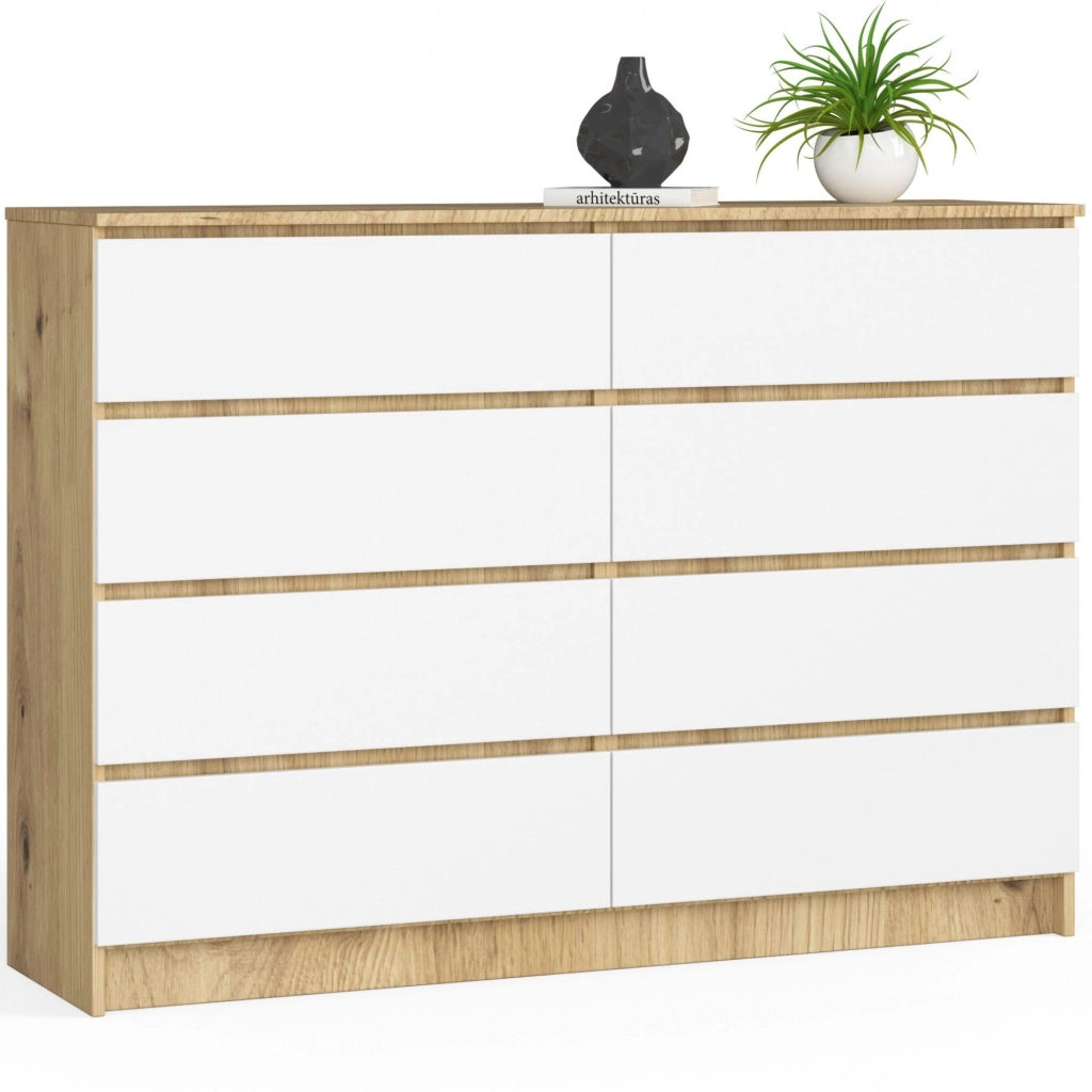 Cassettiera AKORD K140 Quercia Artisan 138 cm 8 cassetti inserto frontale Bianco 138x40x99 cm