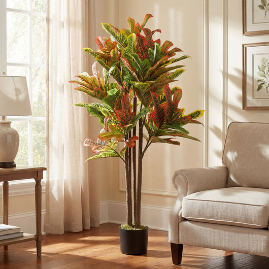 Pianta Artificiale di Croton Multicolore 55x55x120 cm in PEVA e Legno con Vaso Contenitore in PP e Cemento Nero