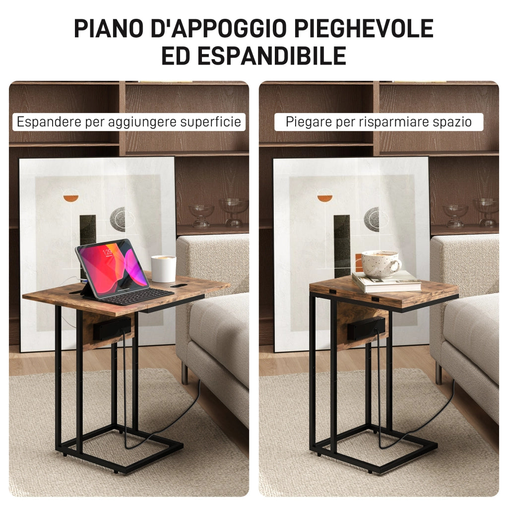 Tavolino da Salotto a C Espandibile 39x29x57 cm con 2 Stazioni di Ricarica in Legno e Metallo Nero e Marrone
