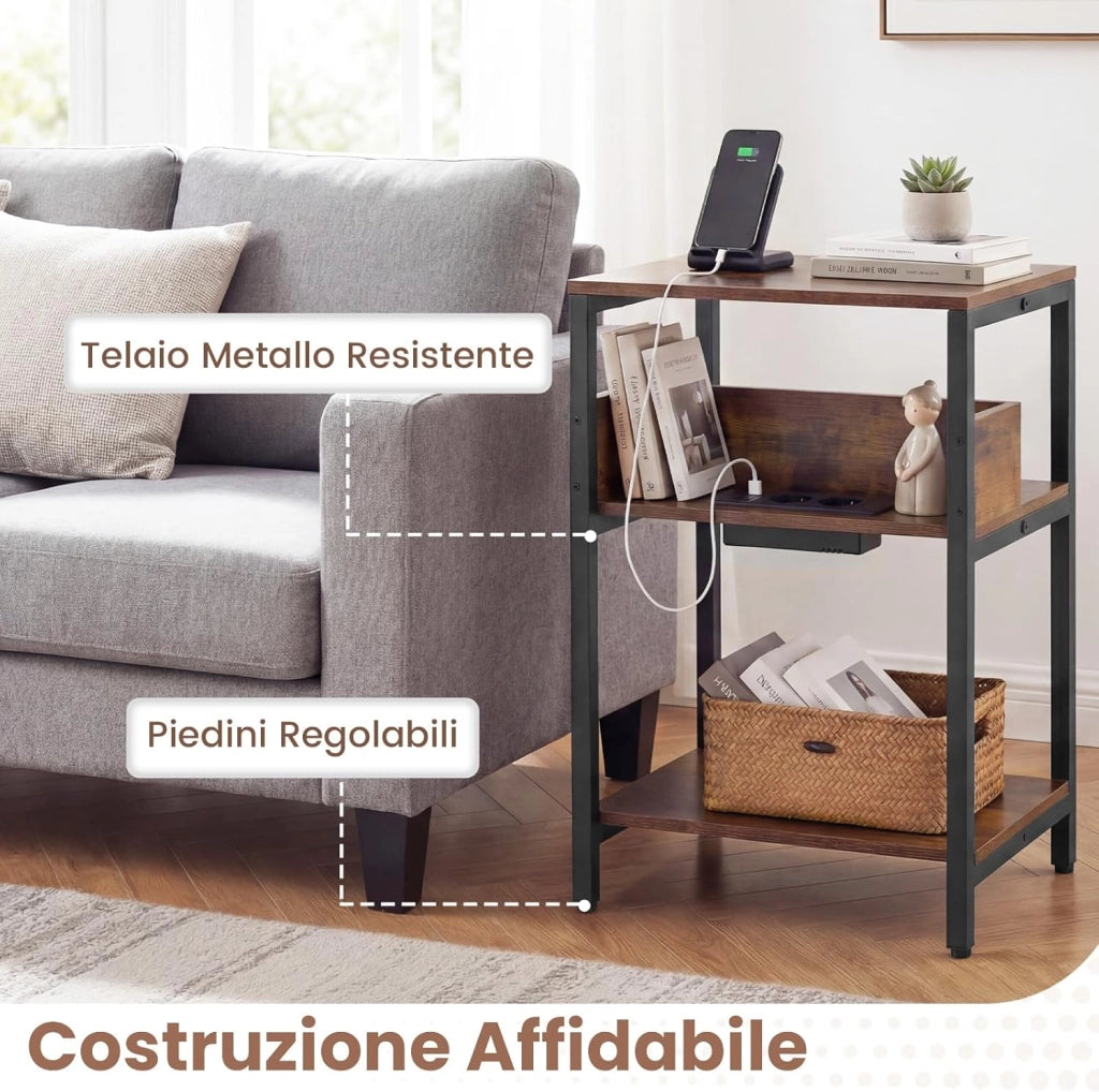 Tavolino Laterale a 3 Ripiani con Stazione di Ricarica, Mensole Aperte, Porte USB e Prese Elettriche, Tavolino Versatile Industriale per Soggiorno e Camera da Letto