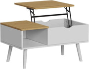 tavolino soggiorno Stora, Bianco/quercia, 76 x 45 cm con funzione di sollevamento, piano del tavolo regolabile in altezza e vano portaoggetti aperto