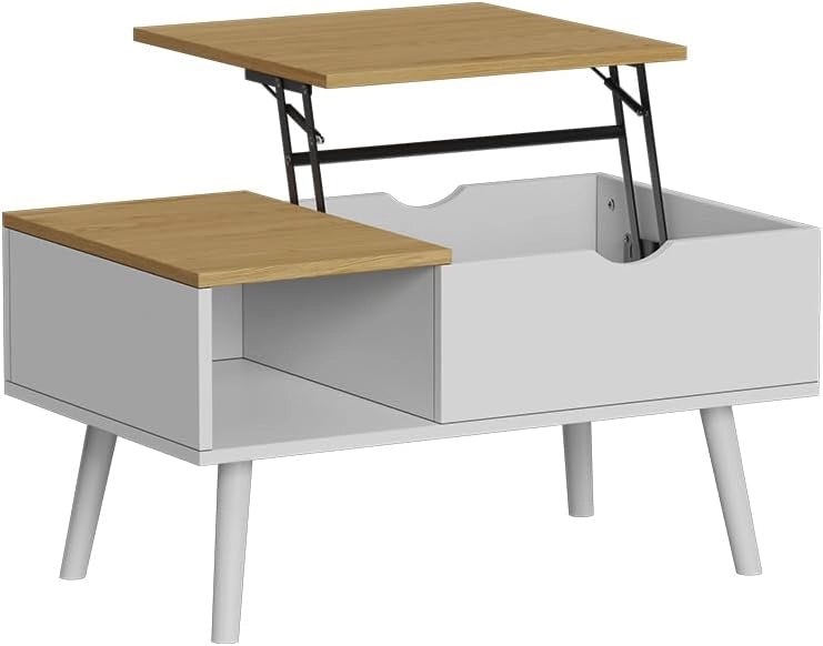 tavolino soggiorno Stora, Bianco/quercia, 76 x 45 cm con funzione di sollevamento, piano del tavolo regolabile in altezza e vano portaoggetti aperto