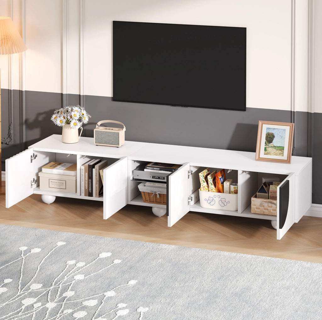 Mobile porta TV minimalista bianco e nero con vani aperti e chiusi, 180 cm