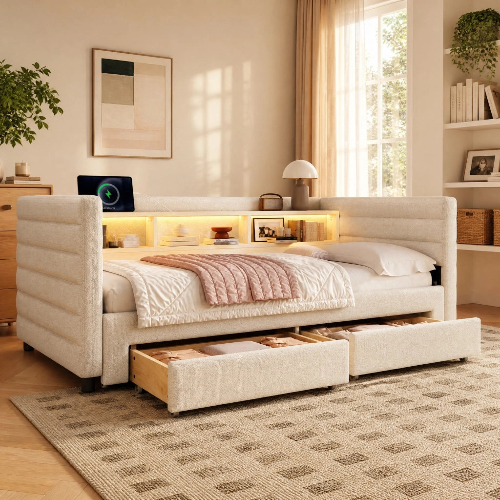 Divano letto estraibile in velluto beige 90 x 190 cm con LED