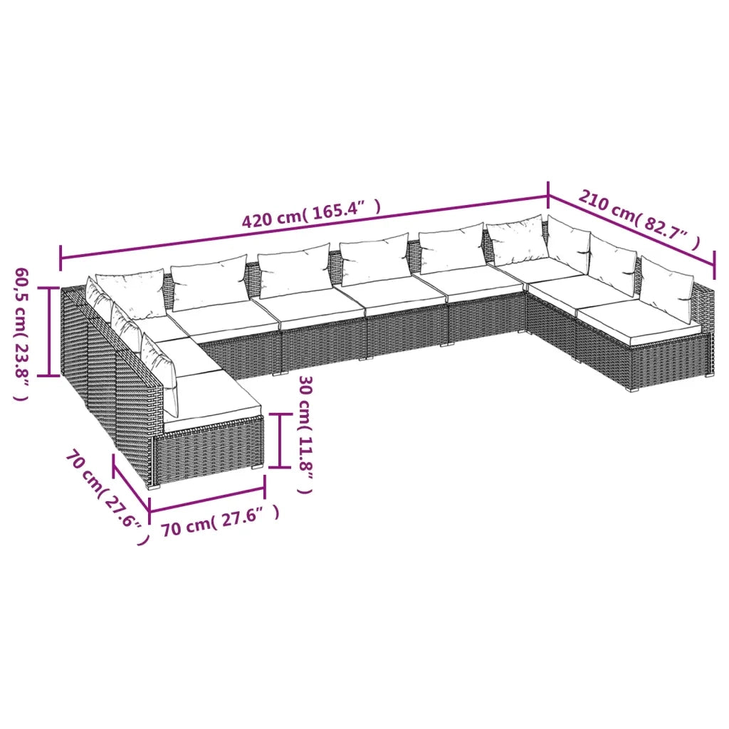 Set Divani da Giardino 10 pz con Cuscini in Polyrattan Marrone 3101923
