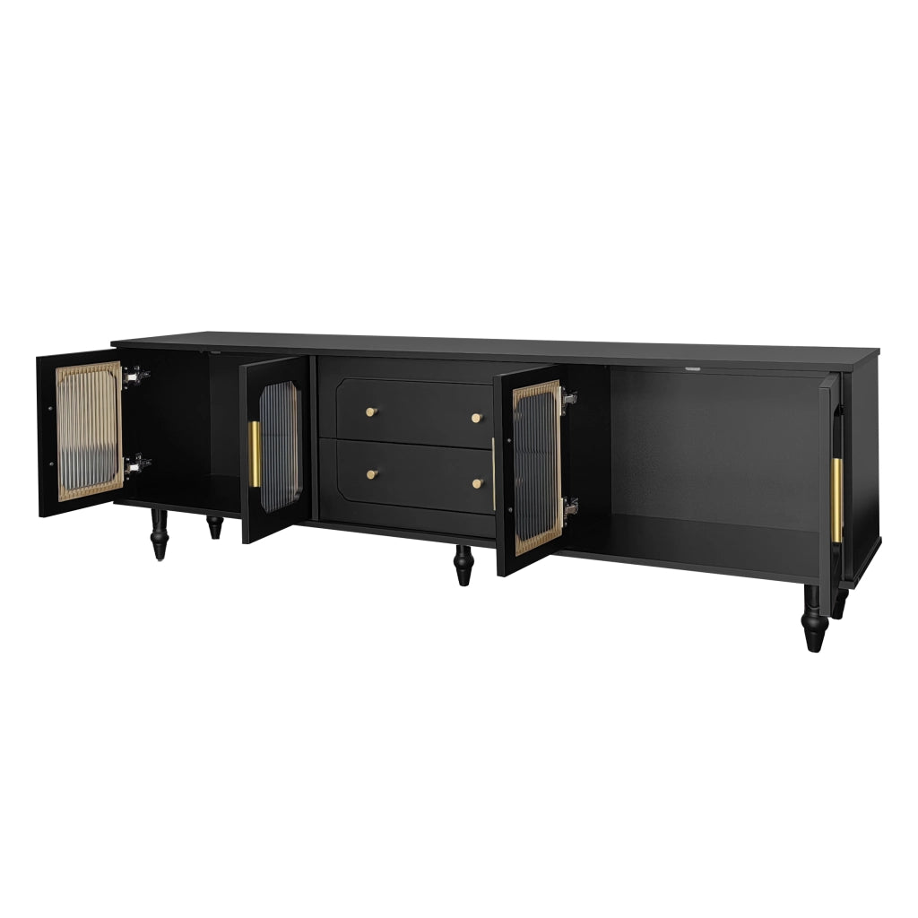 Mobile TV 175x38x55;5 cm; porte in vetro rigato e cassetti push-to-open; truciolare nero